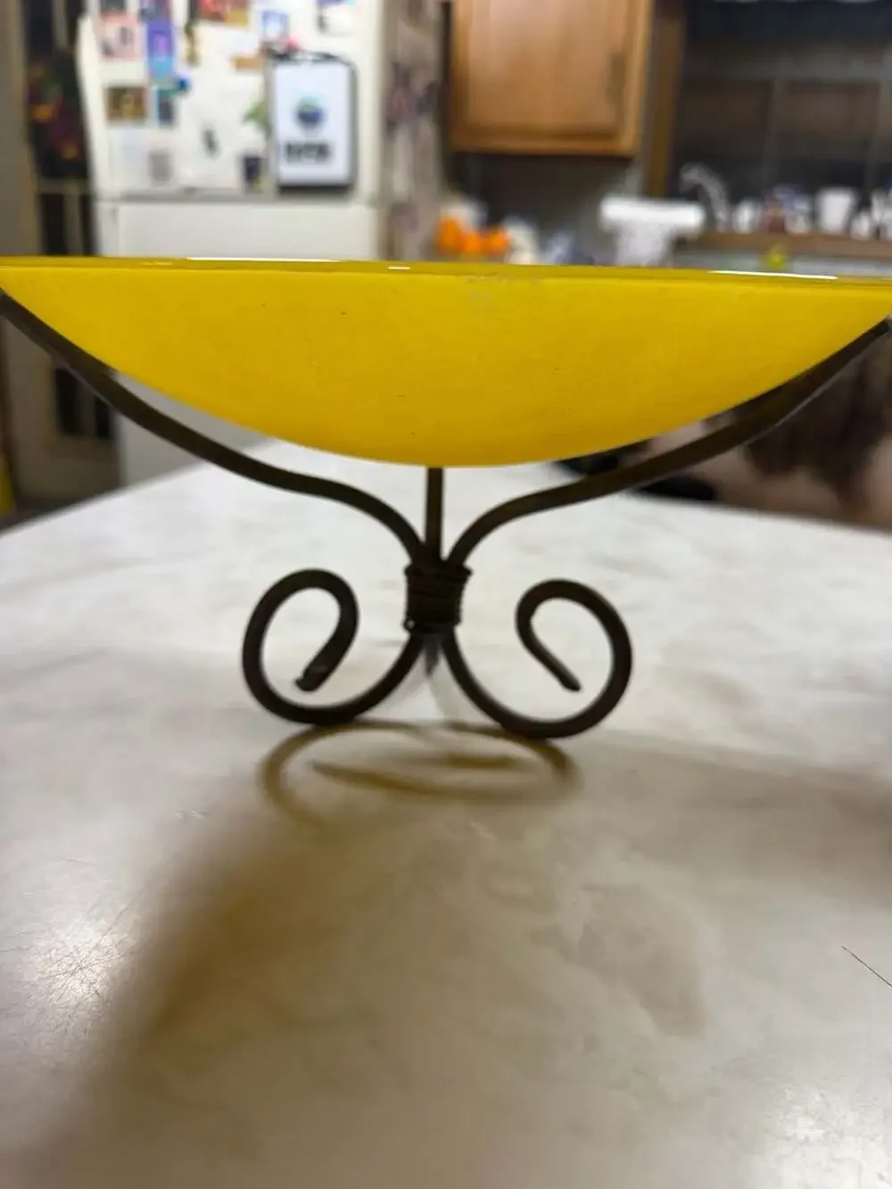 Vintage Yellow Marigold Art Glass Compote Bowl with Metal Stand